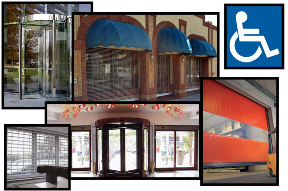 storefront doors, revolving doors, shutters